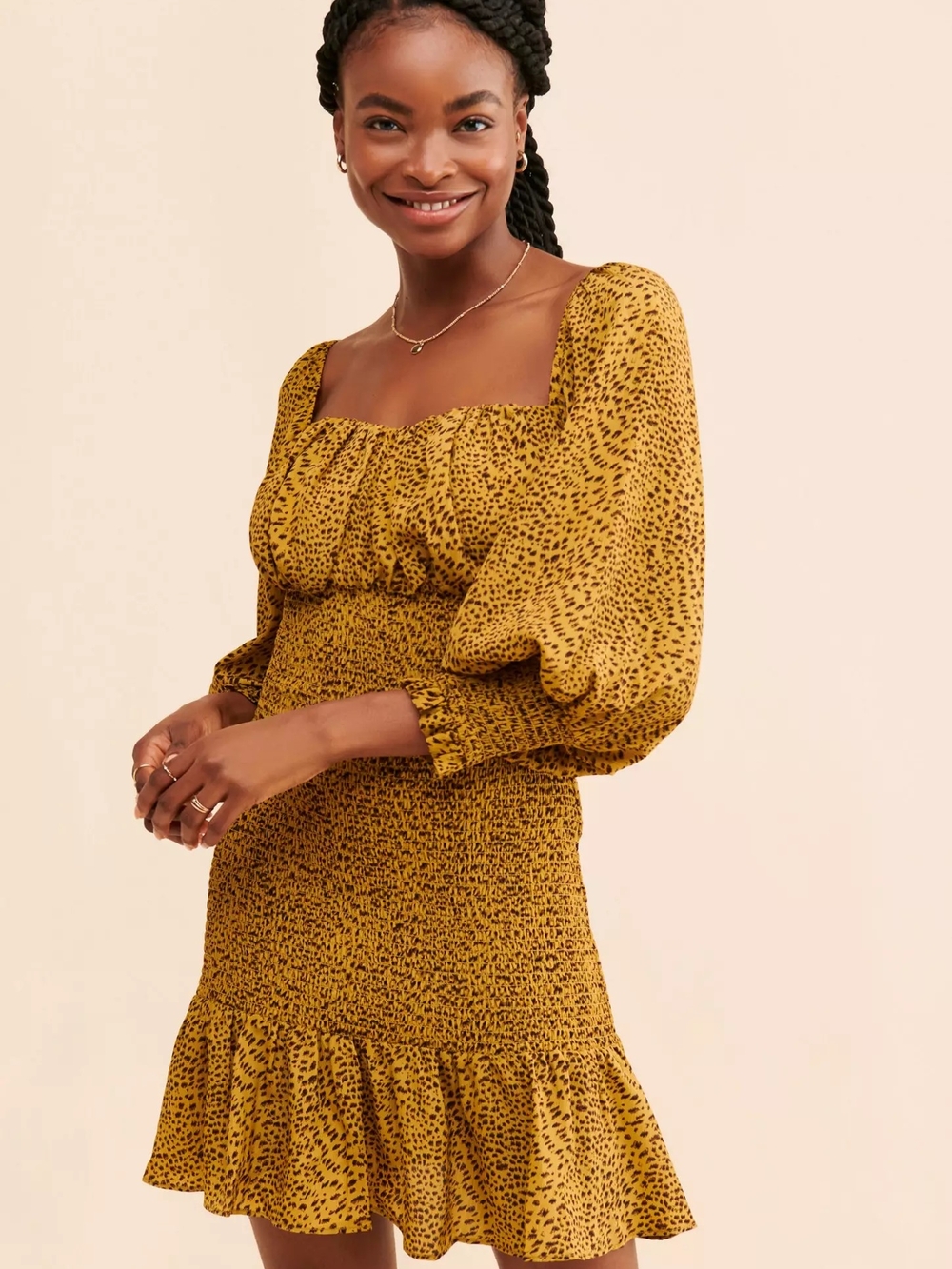 Free People Mustard Smocked Mini Dress with Puff Sleeves NWT Size S